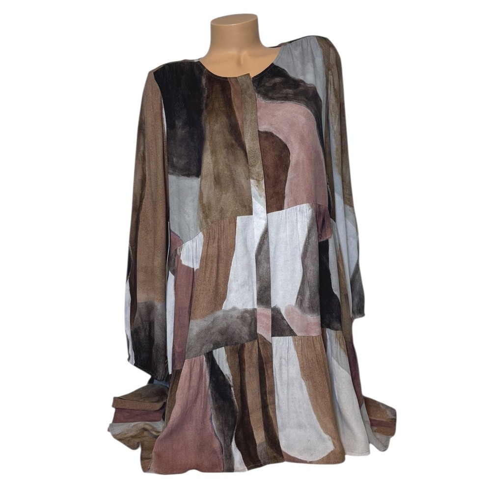 Aritzia Wilfred Womens SMALL Flowy Tiered Mini Dress Abstract Print Long Sleeve